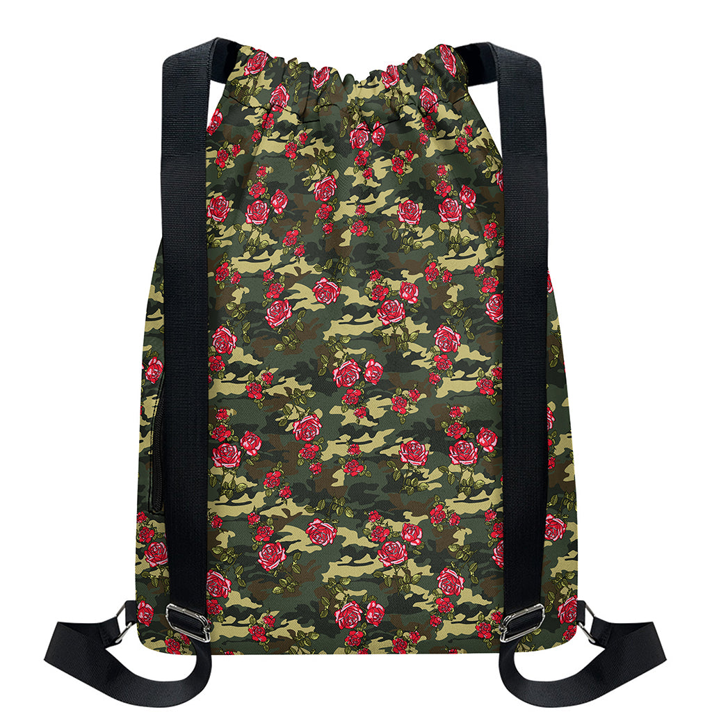 Red Rose Flower Camouflage Print Drawstring Backpack