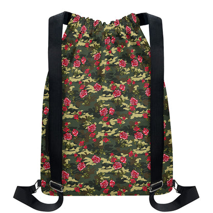Red Rose Flower Camouflage Print Drawstring Backpack