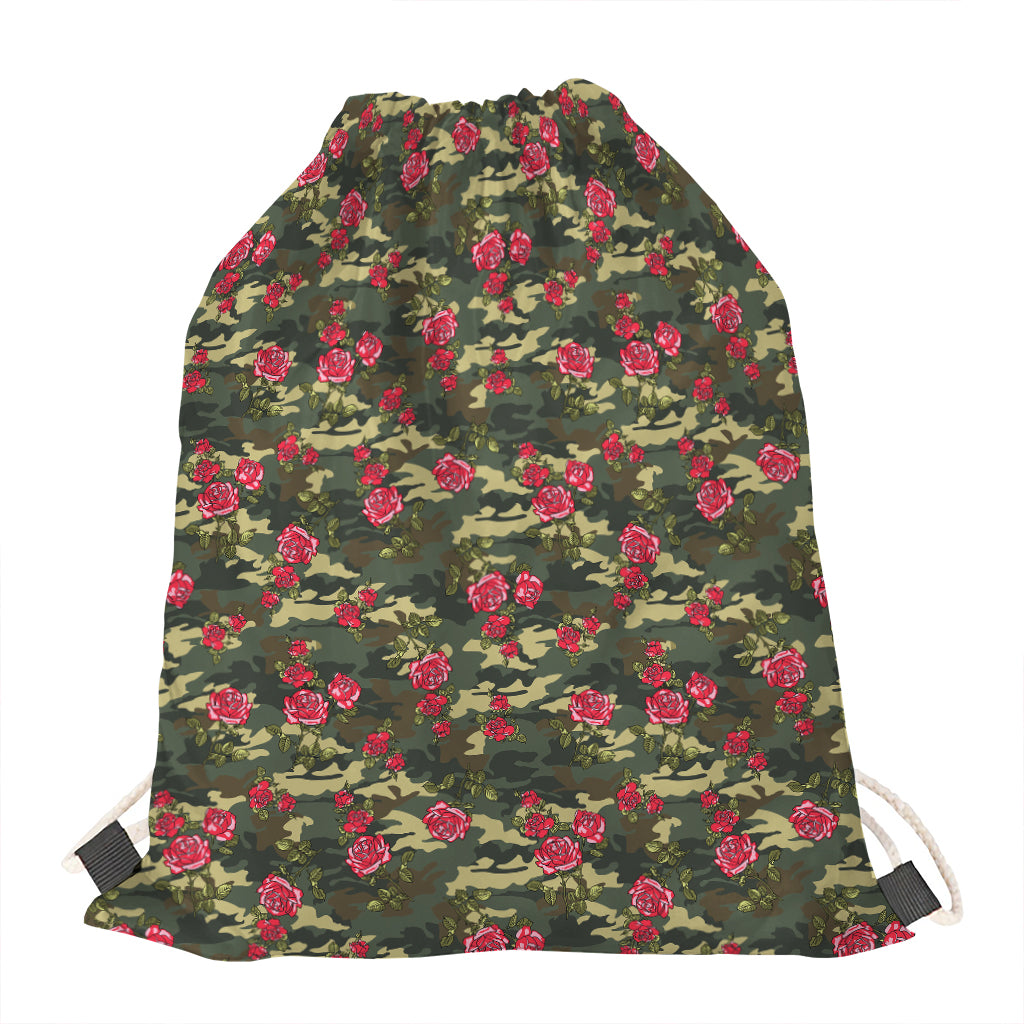 Red Rose Flower Camouflage Print Drawstring Bag