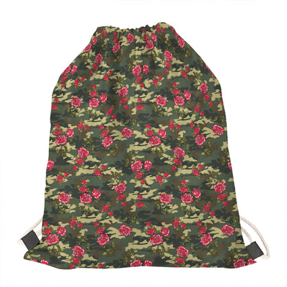 Red Rose Flower Camouflage Print Drawstring Bag