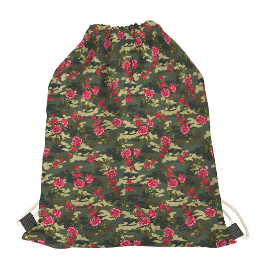 Red Rose Flower Camouflage Print Drawstring Bag