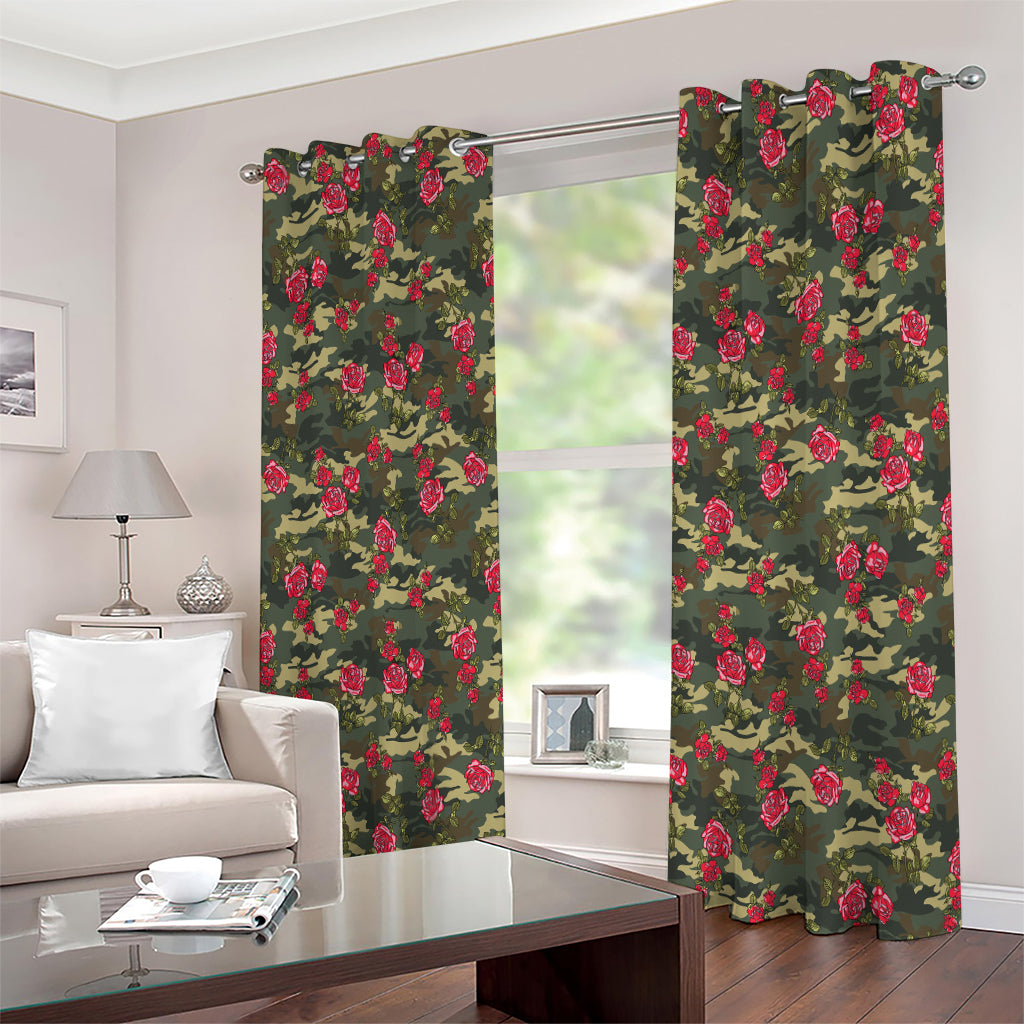Red Rose Flower Camouflage Print Extra Wide Grommet Curtains