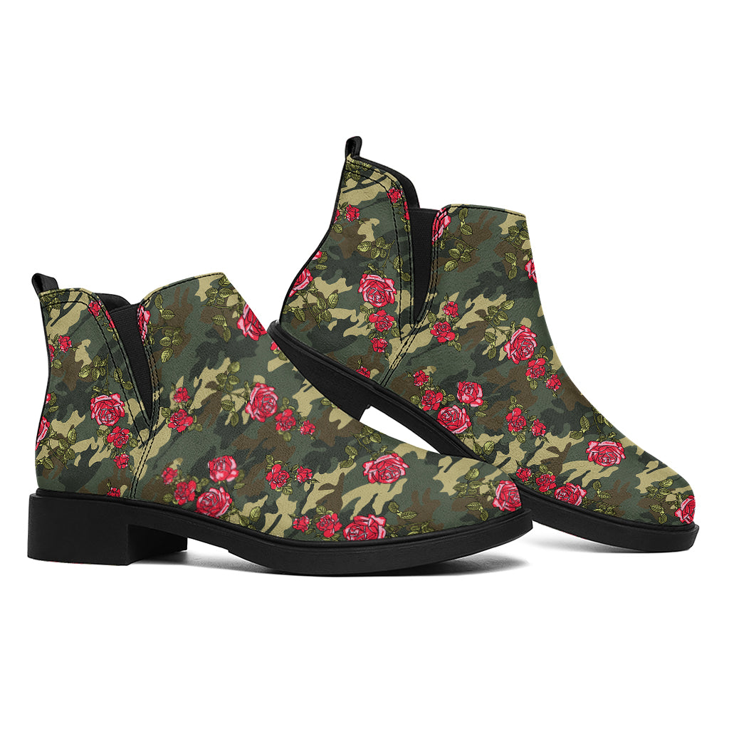 Red Rose Flower Camouflage Print Flat Ankle Boots