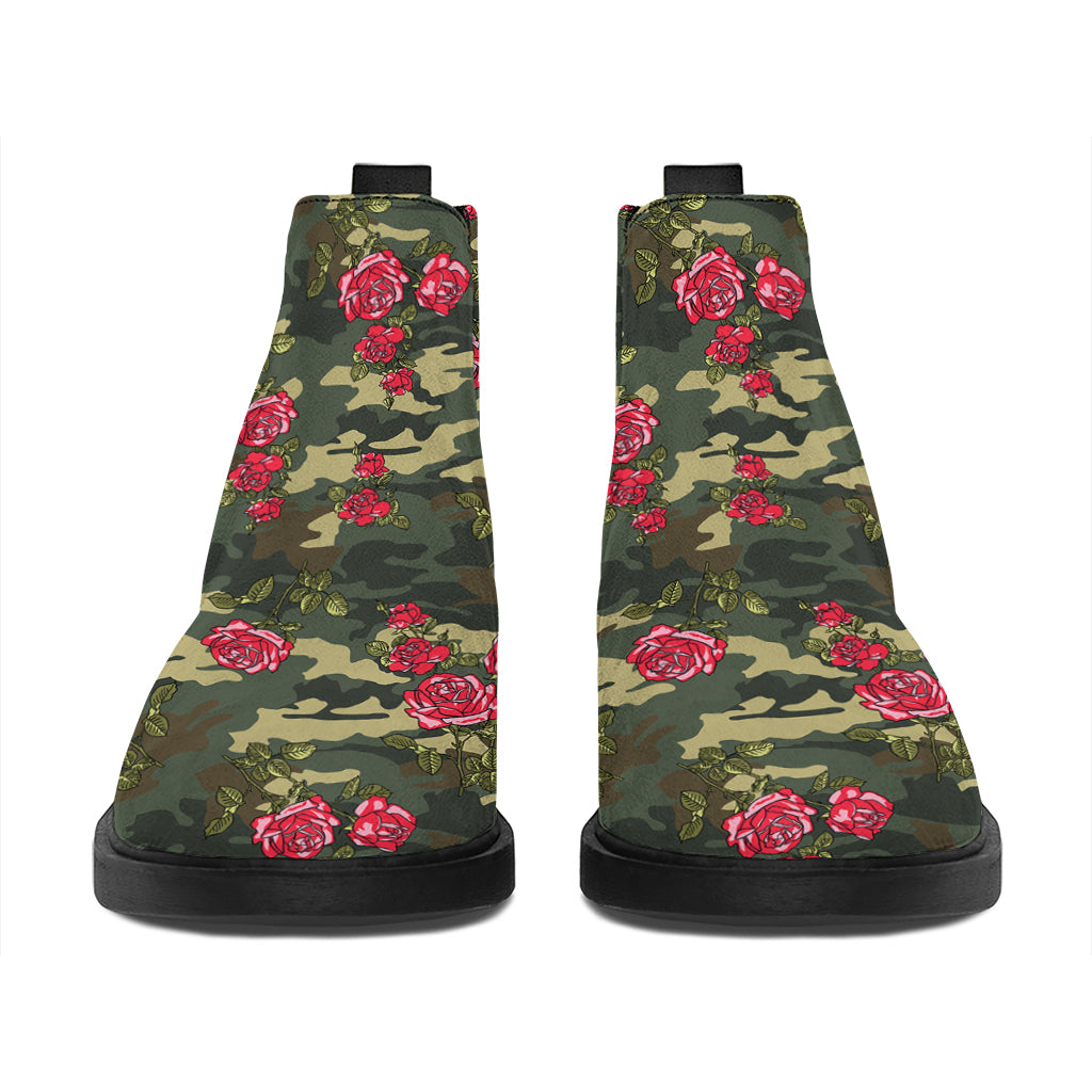 Red Rose Flower Camouflage Print Flat Ankle Boots