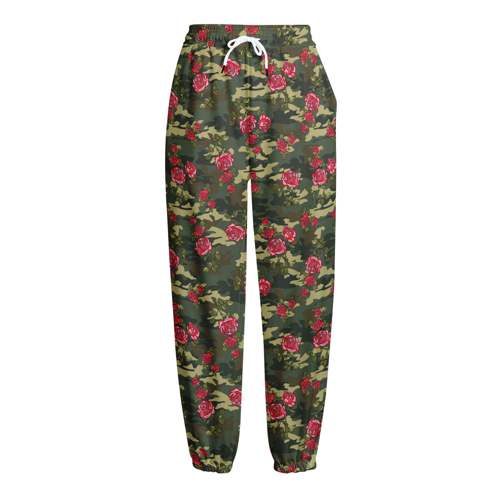 Red Rose Flower Camouflage Print Fleece Lined Knit Pants