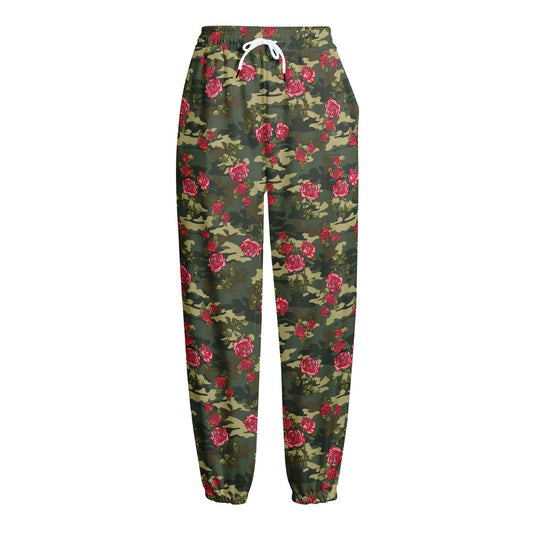 Red Rose Flower Camouflage Print Fleece Lined Knit Pants