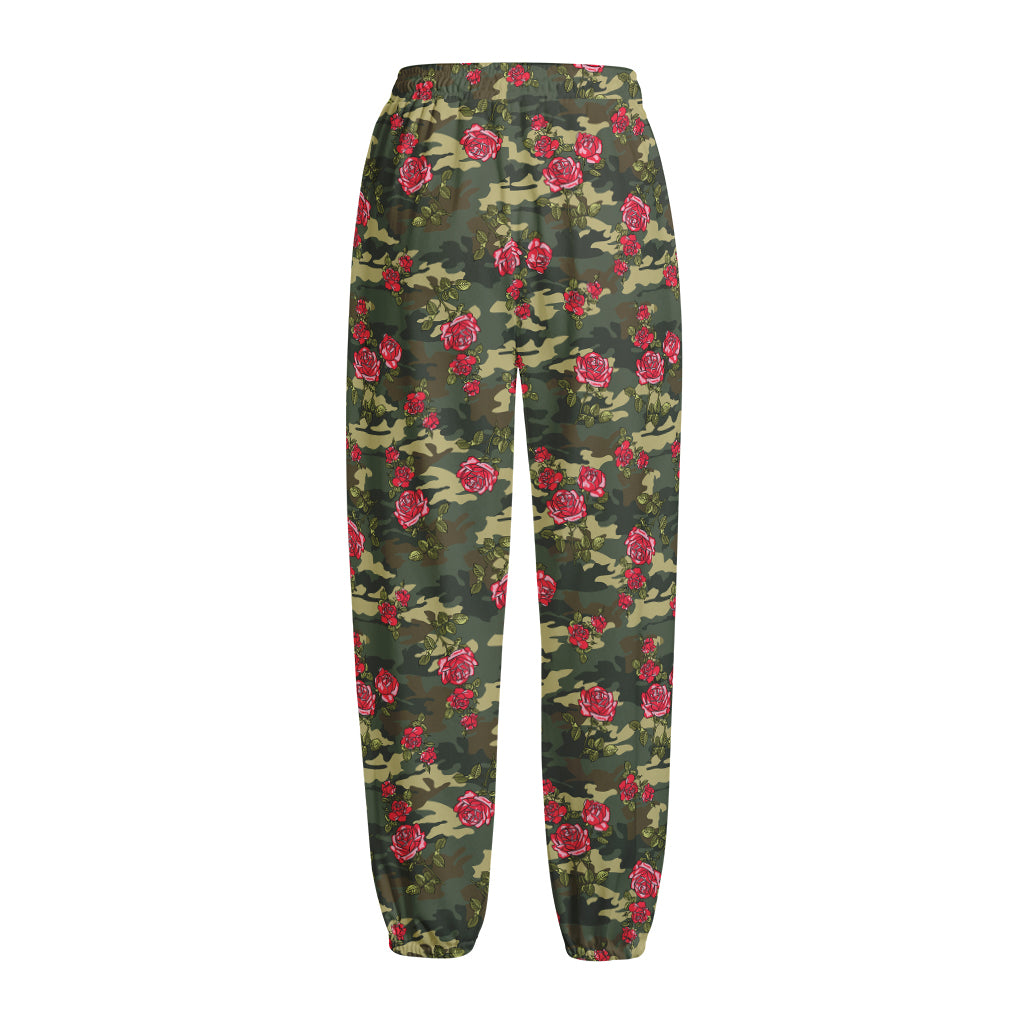 Red Rose Flower Camouflage Print Fleece Lined Knit Pants