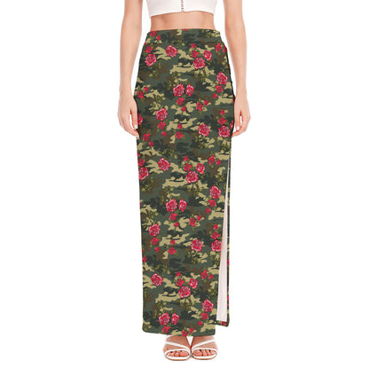 Red Rose Flower Camouflage Print High Slit Maxi Skirt