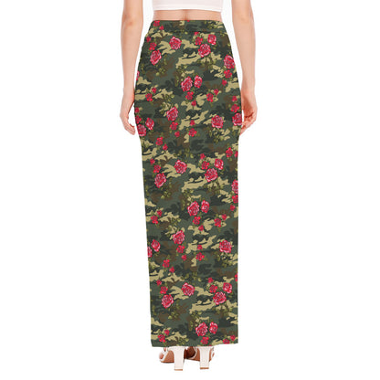 Red Rose Flower Camouflage Print High Slit Maxi Skirt
