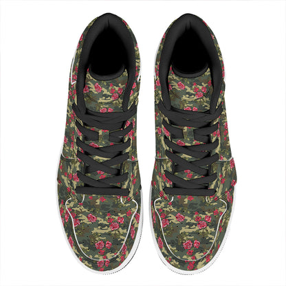 Red Rose Flower Camouflage Print High Top Leather Sneakers