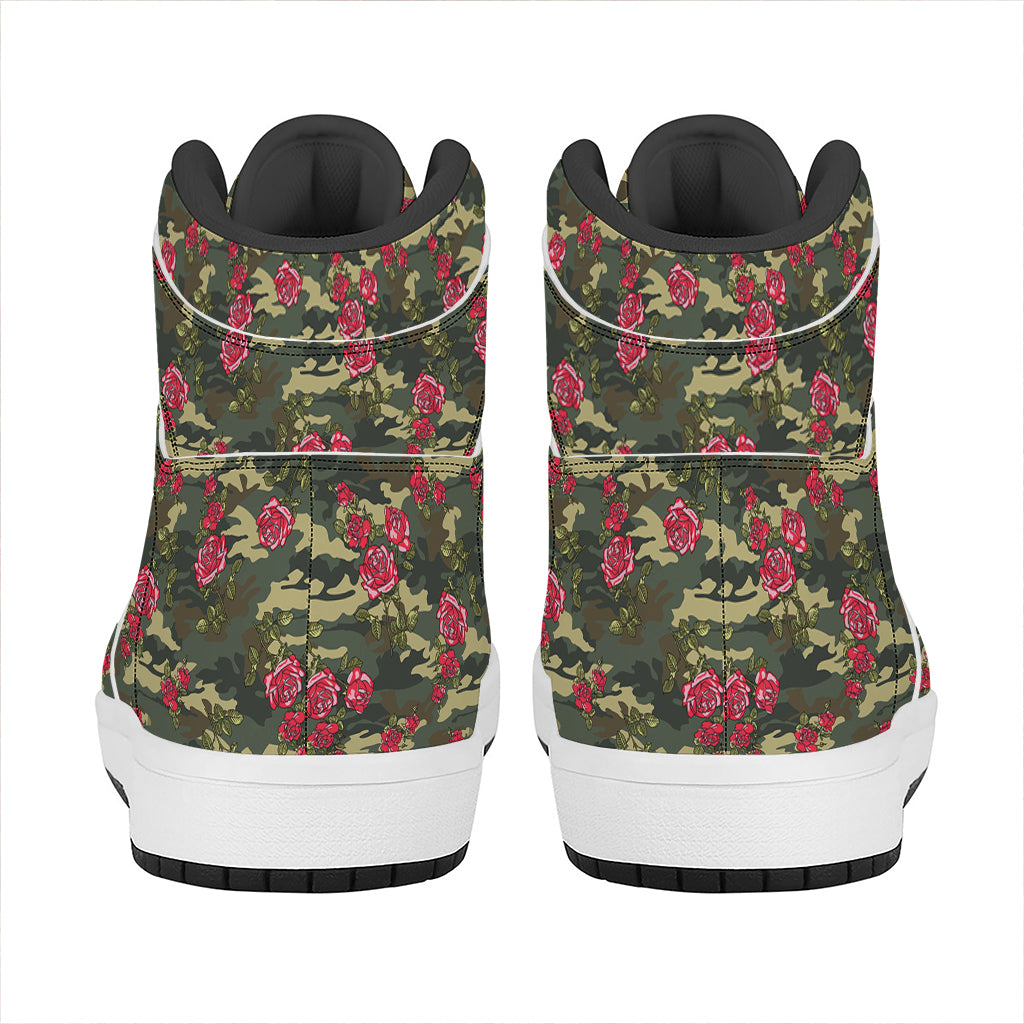Red Rose Flower Camouflage Print High Top Leather Sneakers
