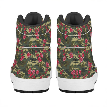 Red Rose Flower Camouflage Print High Top Leather Sneakers