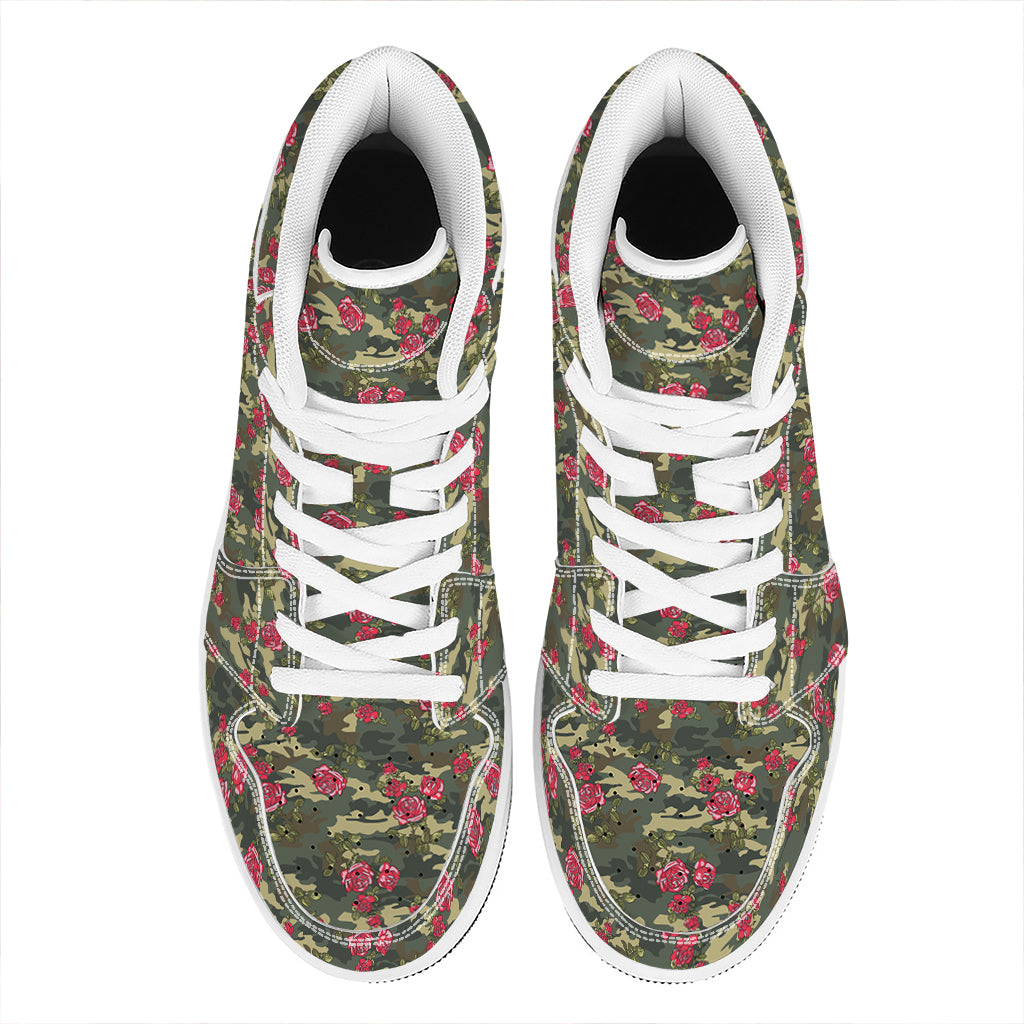 Red Rose Flower Camouflage Print High Top Leather Sneakers