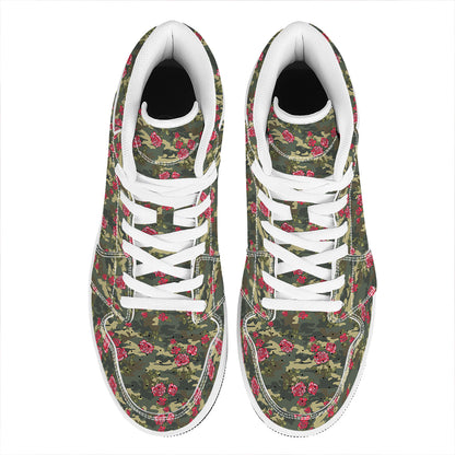 Red Rose Flower Camouflage Print High Top Leather Sneakers