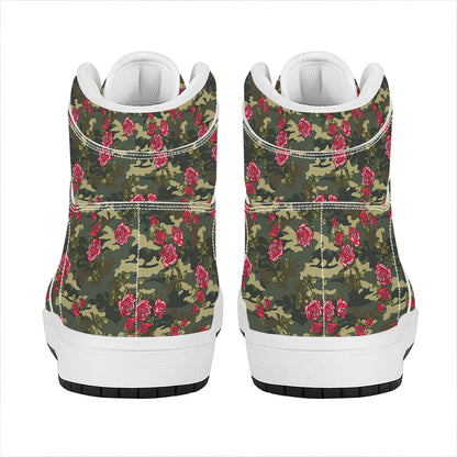 Red Rose Flower Camouflage Print High Top Leather Sneakers
