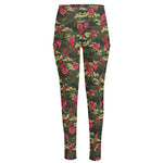 Red Rose Flower Camouflage Print High-Waisted Pocket Leggings