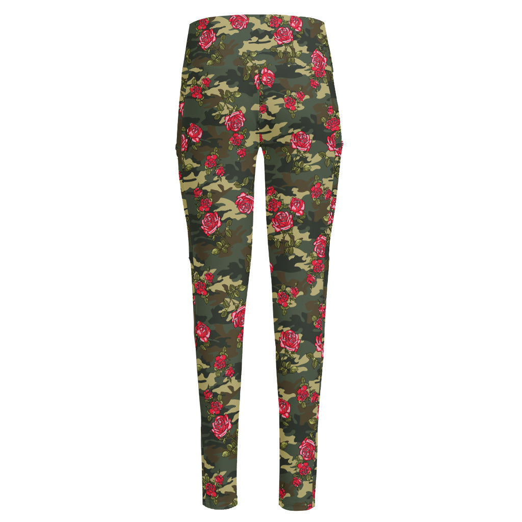 Red Rose Flower Camouflage Print High-Waisted Pocket Leggings