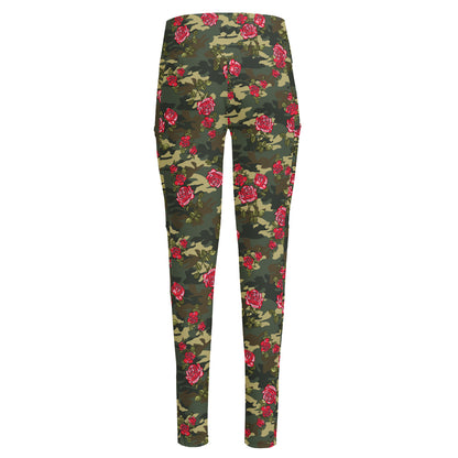 Red Rose Flower Camouflage Print High-Waisted Pocket Leggings