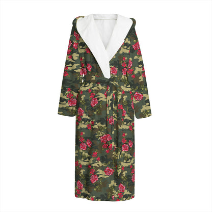 Red Rose Flower Camouflage Print Hooded Bathrobe
