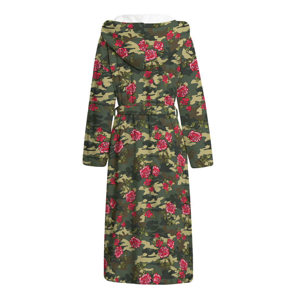 Red Rose Flower Camouflage Print Hooded Bathrobe