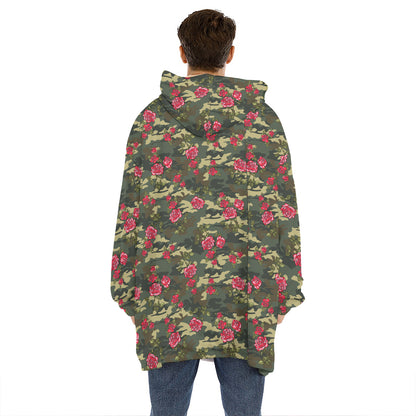 Red Rose Flower Camouflage Print Hoodie Blanket