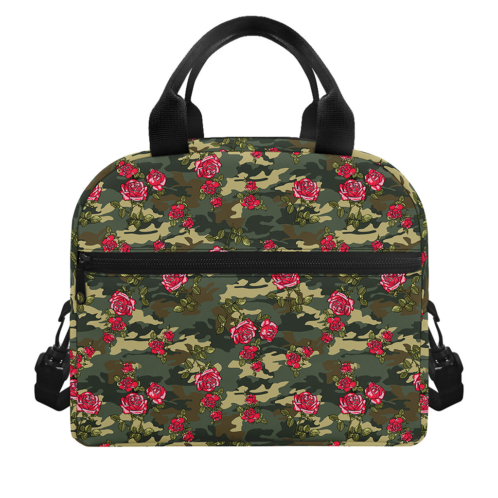 Red Rose Flower Camouflage Print Insulated Lunch Bag