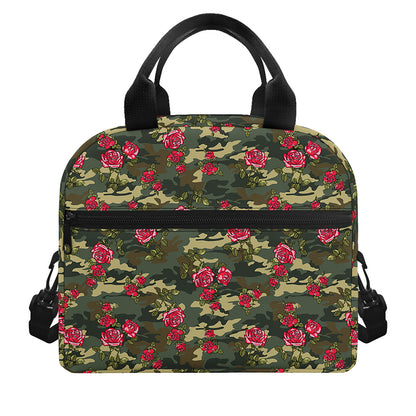 Red Rose Flower Camouflage Print Insulated Lunch Bag