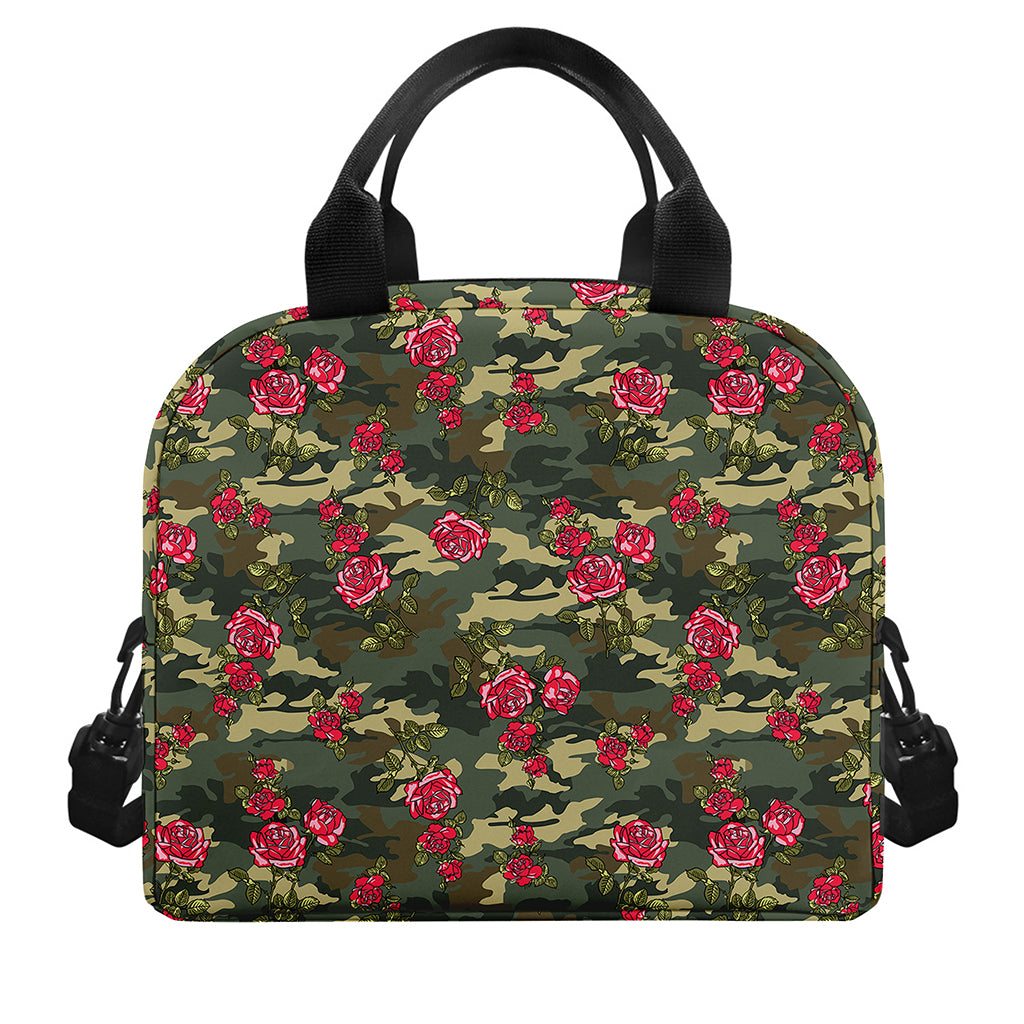Red Rose Flower Camouflage Print Insulated Lunch Bag