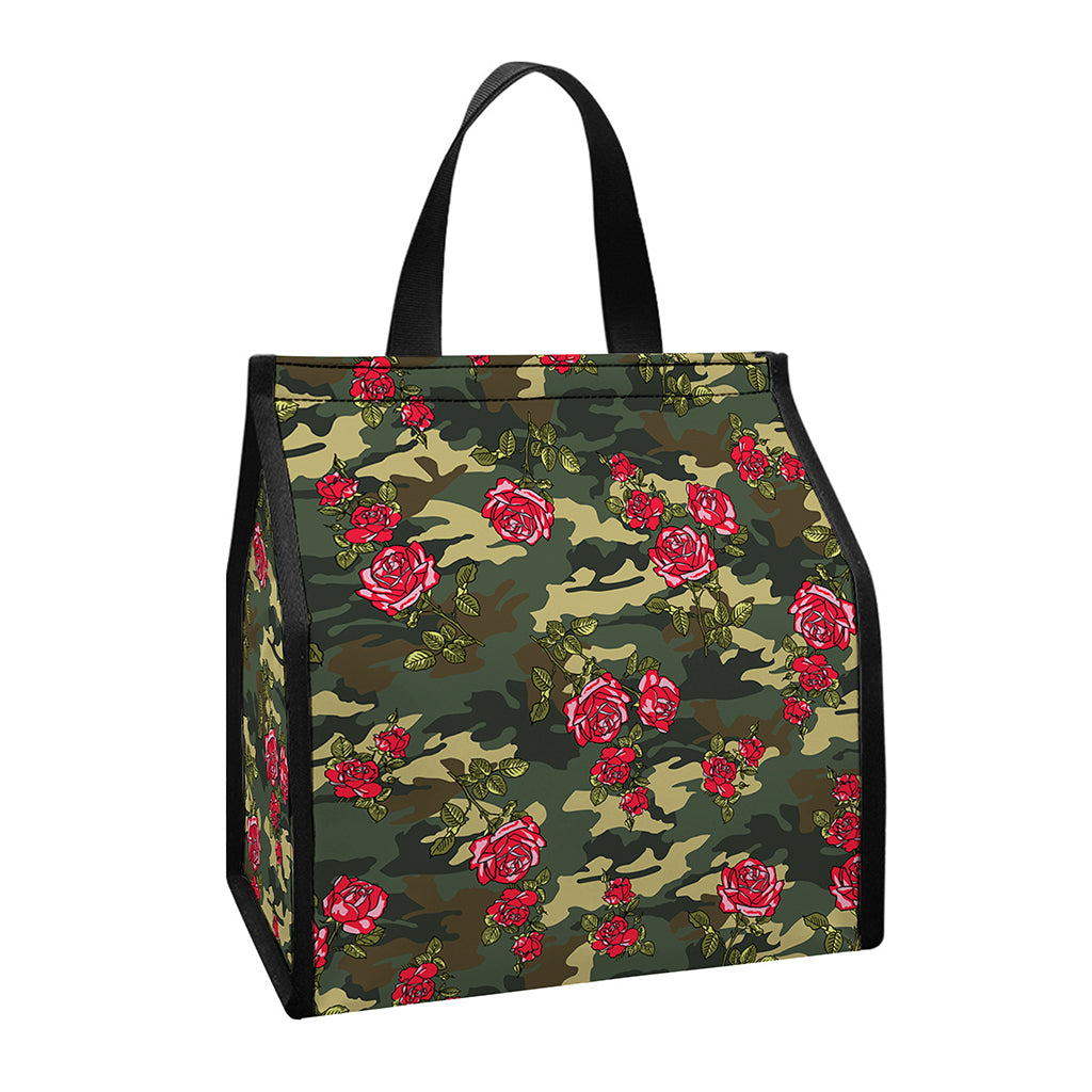 Red Rose Flower Camouflage Print Insulated Lunch Tote
