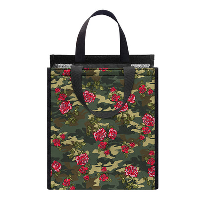 Red Rose Flower Camouflage Print Insulated Lunch Tote