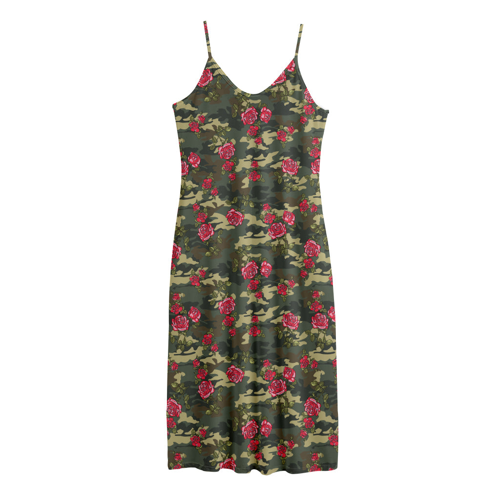Red Rose Flower Camouflage Print Jersey Midi Cami Dress