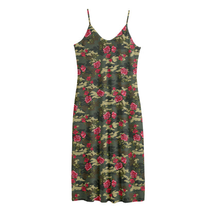 Red Rose Flower Camouflage Print Jersey Midi Cami Dress