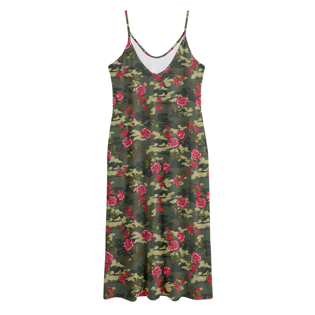 Red Rose Flower Camouflage Print Jersey Midi Cami Dress