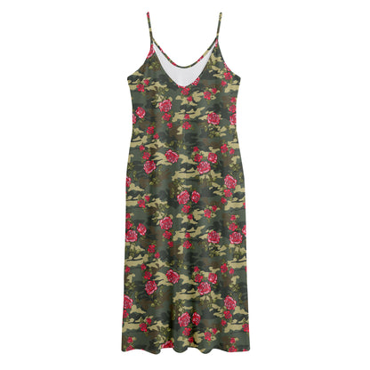 Red Rose Flower Camouflage Print Jersey Midi Cami Dress