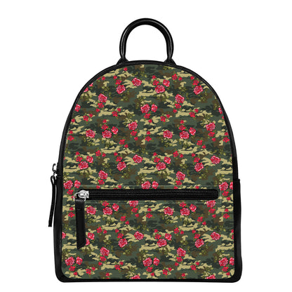 Red Rose Flower Camouflage Print Leather Backpack