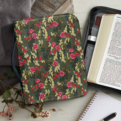 Red Rose Flower Camouflage Print Leather Bible Cover