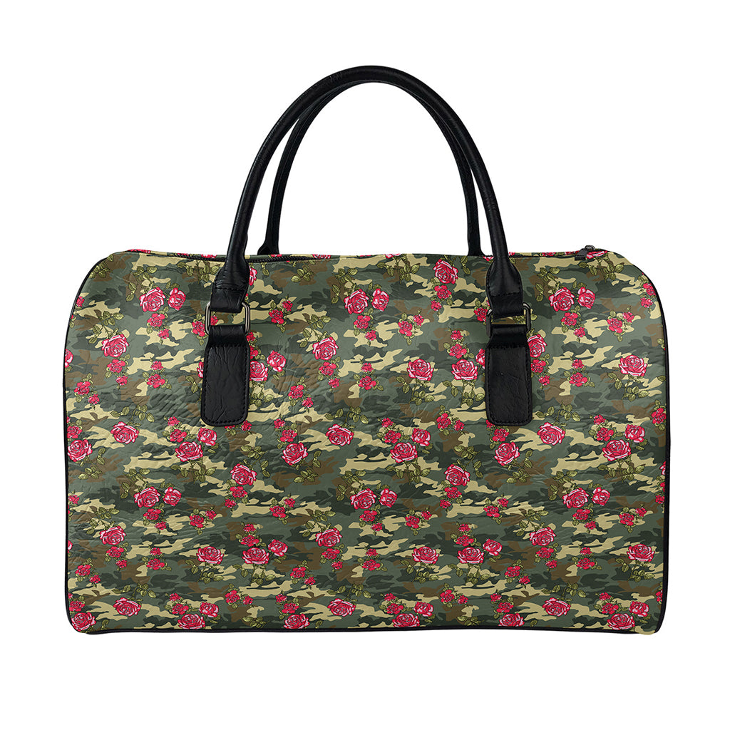 Red Rose Flower Camouflage Print Leather Duffle Bag