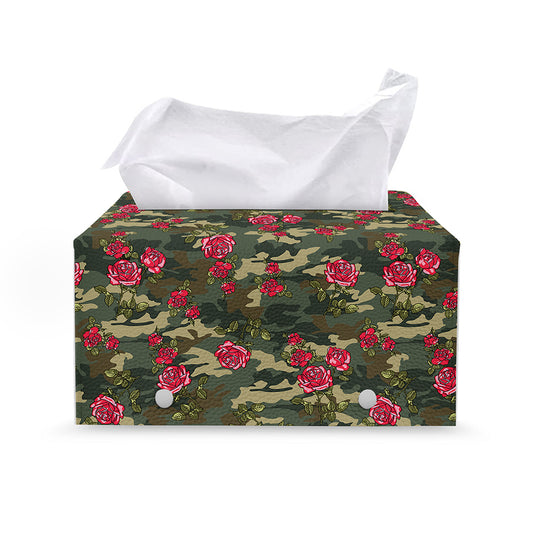 Red Rose Flower Camouflage Print Leather Tissue Box Cover