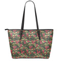 Red Rose Flower Camouflage Print Leather Tote Bag With Zipper