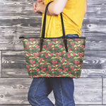 Red Rose Flower Camouflage Print Leather Tote Bag