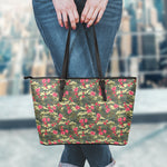 Red Rose Flower Camouflage Print Leather Tote Bag