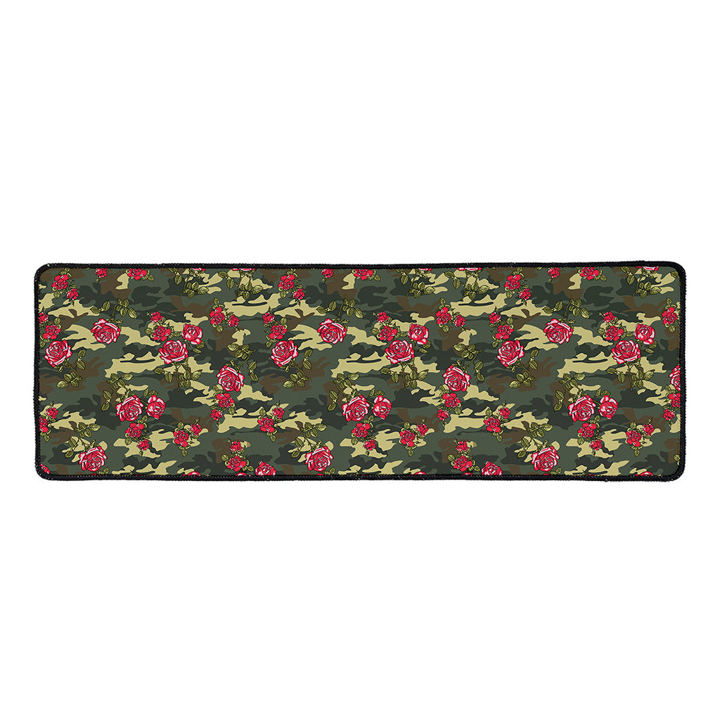 Red Rose Flower Camouflage Print Long Kitchen Mat