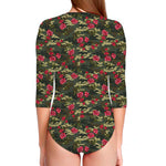 Red Rose Flower Camouflage Print Long Sleeve Swimsuit