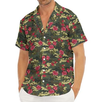 Red Rose Flower Camouflage Print Men's Deep V-Neck Shirt