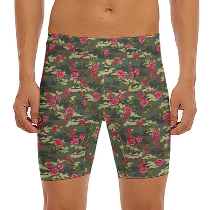 Red Rose Flower Camouflage Print Men's Long Boxer Briefs