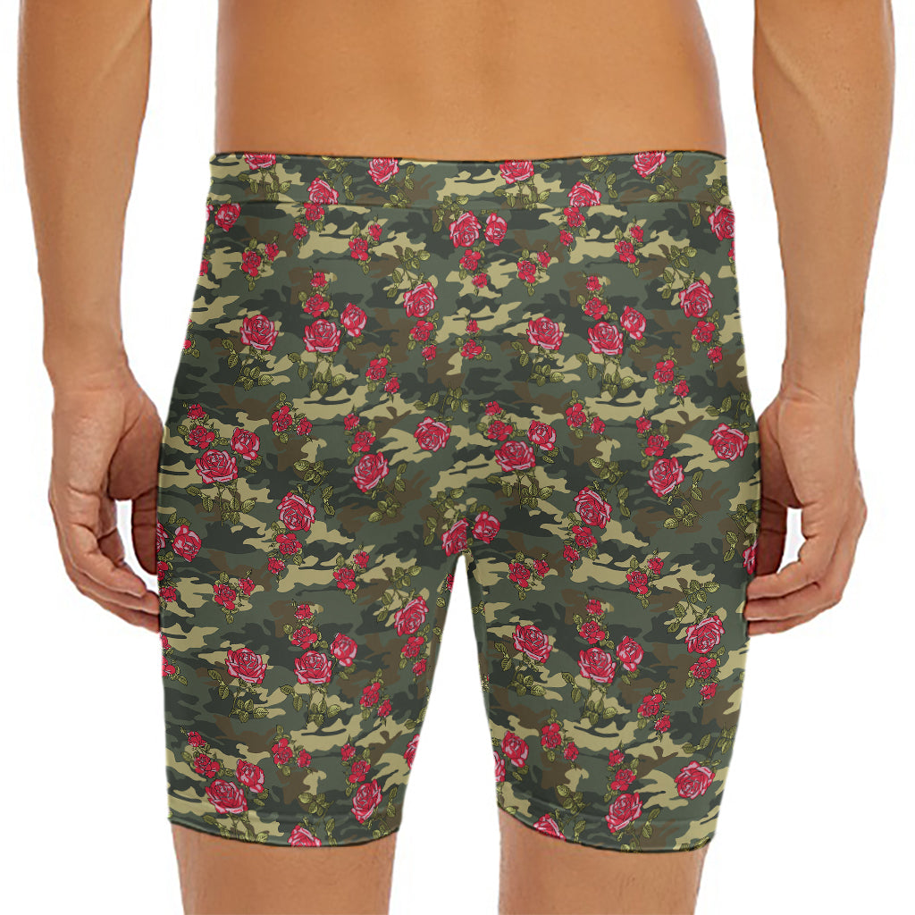 Red Rose Flower Camouflage Print Men's Long Boxer Briefs