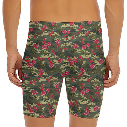 Red Rose Flower Camouflage Print Men's Long Boxer Briefs