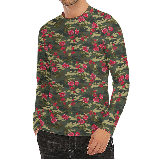 Red Rose Flower Camouflage Print Men's Long Sleeve Rash Guard