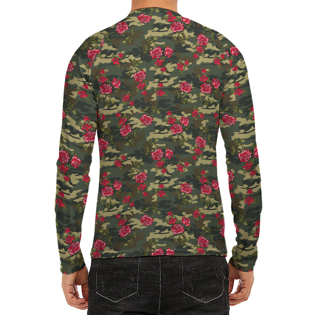 Red Rose Flower Camouflage Print Men's Long Sleeve Rash Guard