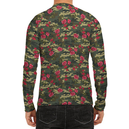 Red Rose Flower Camouflage Print Men's Long Sleeve Rash Guard